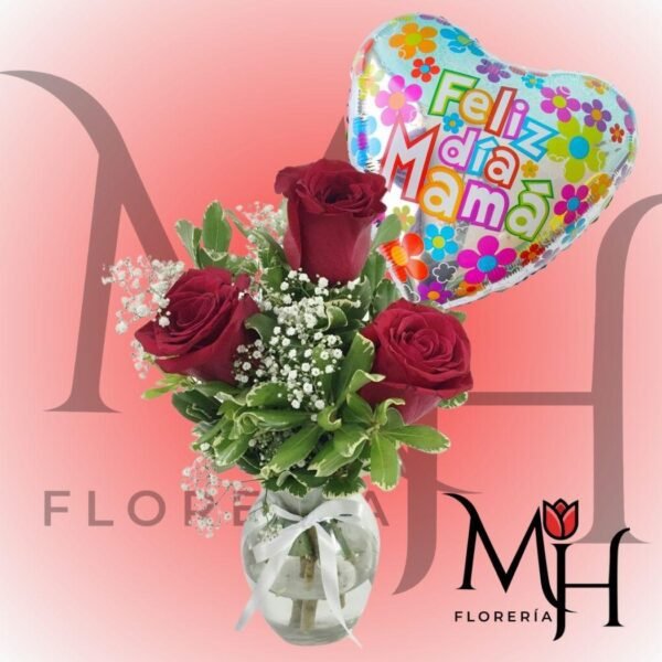 Florero con 3 rosas y globo