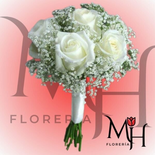 Bouquet de novia con 6 rosas y Gypsophila