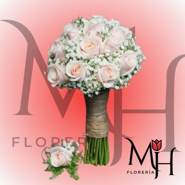 Bouquet de novia con 20 rosas, Gypsophila y 1 botonier
