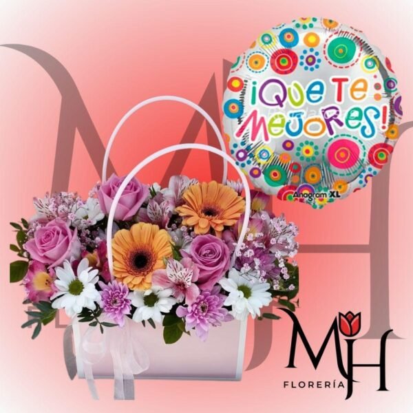 Cartera de 5 rosas, 2 gerberas, margaritas, follaje y globo