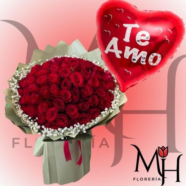 Ramo buchón de 100 rosas, Gypsophila y globo