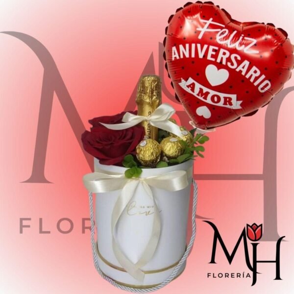 Box cilindro de 3 rosas, champagne 375 ml, 6 bombones y globo