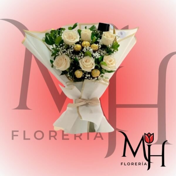 Hermoso ramo 6 rosas 6 bombones