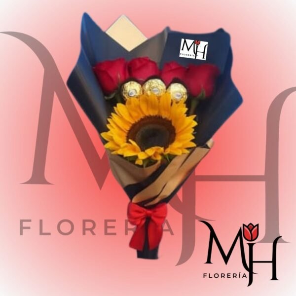 Ramo de 4 Rosas ecuatorianas, 1 girasol, 3 bombones Ferreros Rocher y envoltura