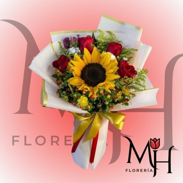 Ramo 4 Rosas ecuatorianas, 1 Girasol y linda envoltura