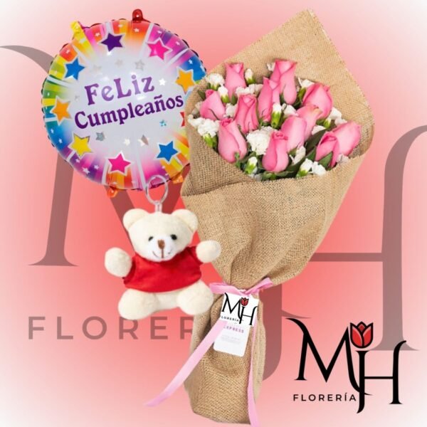 Ramo 12 Rosas ecuatorianas, peluchito llavero y globo