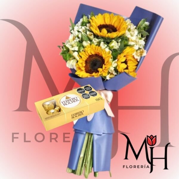 Ramo 3 Girasoles, follaje, bombones Ferreros Rocher 100grs y linda envoltura