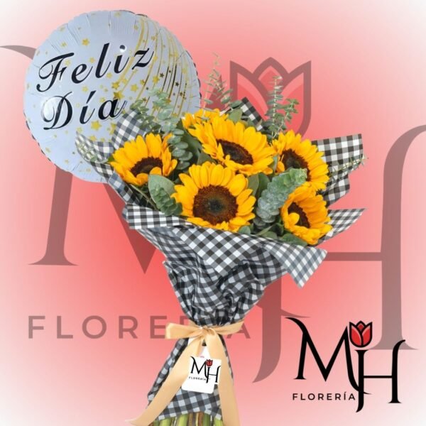 Ramo 6 girasoles, follaje, globo grande y linda envoltura