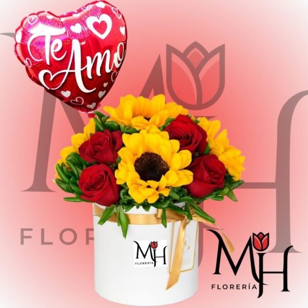 Box 5 Girasoles, 8 rosas ecuatorianas, follaje y globo grande