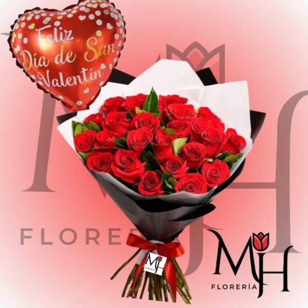Ramo 20 Rosas ecuatorianas, follaje, globo grande y linda envoltura