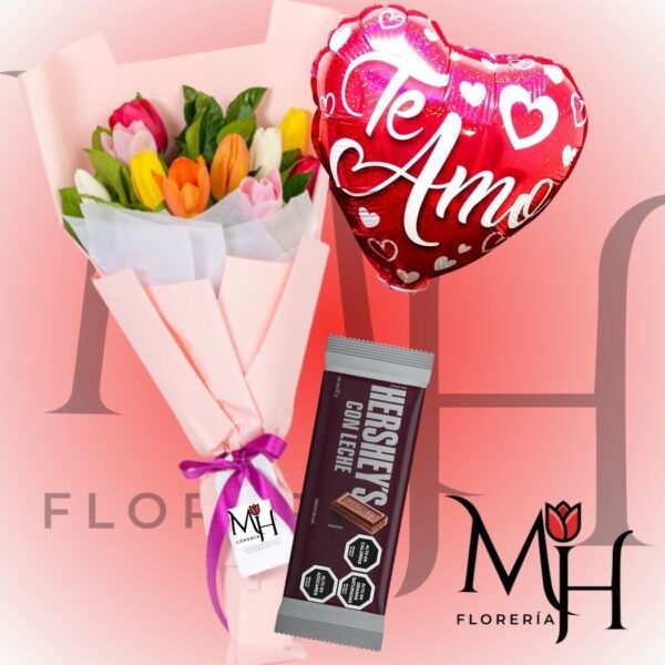 Ramo 12 tulipanes, Hersheys, globito y delicada envoltura