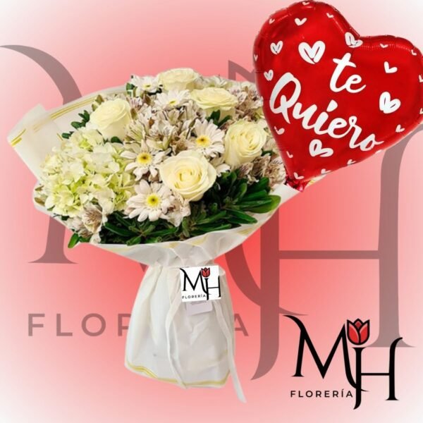 Ramo 6 rosas con follaje + globo