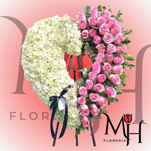 Corona fúnebre de corazon mitad rosas