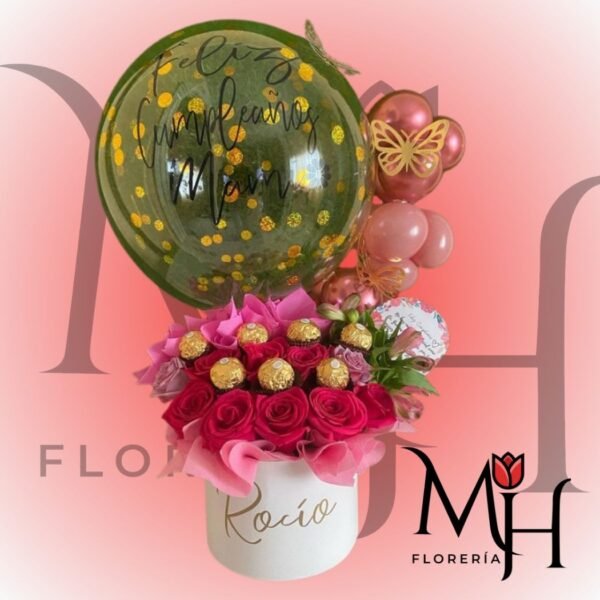 Precioso box 10 rosas 8 bombones + globo burbuja