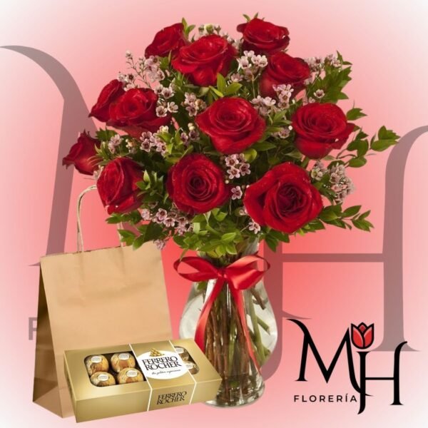 Florero Samaritano de 12 Rosas ecuatorianas y Ferrero Rocher 100 grs
