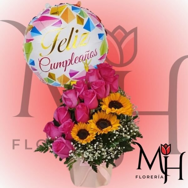 Box 12 rosas importadas, 3 girasoles y globo grande