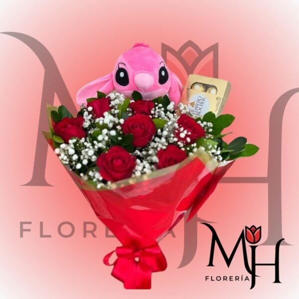 Ramo 10 Rosas ecuatorianas, Ferrero Rocher 100 grs, Peluche Stitch y linda envoltura