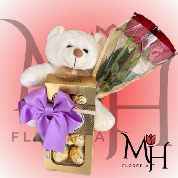 Regalo enamorados peluche de 20cm, 2 rosas ecuatorianas y Ferreros Rocher 100grs