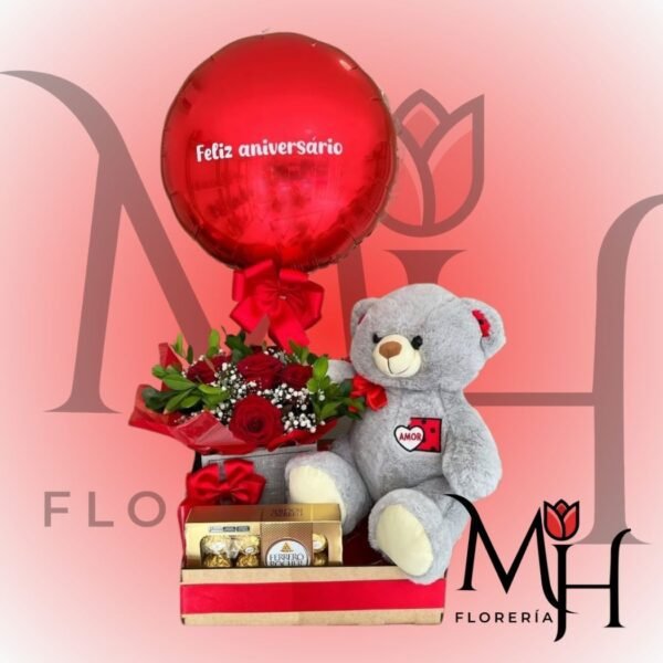 Bandeja de madera con box de 6 Rosas ecuatorianas, peluche de 25cm, Ferrero Rocher 100grs y globo