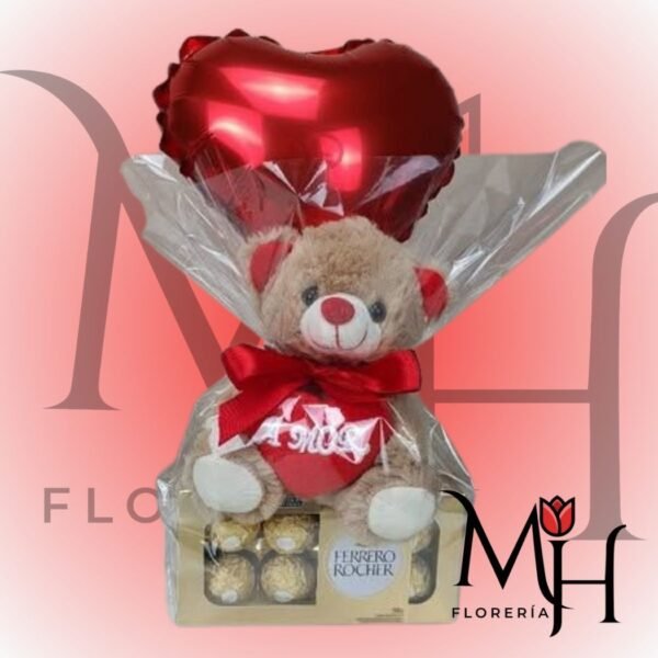 Regalo especial con ferrero rocher 100grs, peluche 20cm y globito