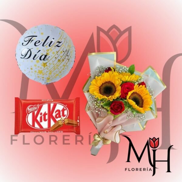 Ramo 6 rosas 3 girasoles 1 kit-kat y globo
