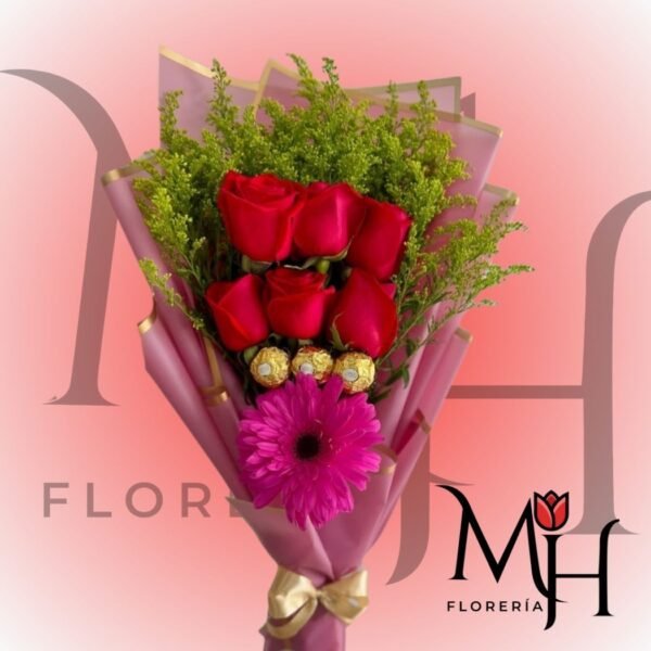 Ramo 6 Rosas ecuatorinas, 1 Gerbera y 3 bombones ferreros rocher