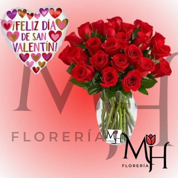 Florero de 26 Rosas ecuatorianas, follaje y globo metalizado