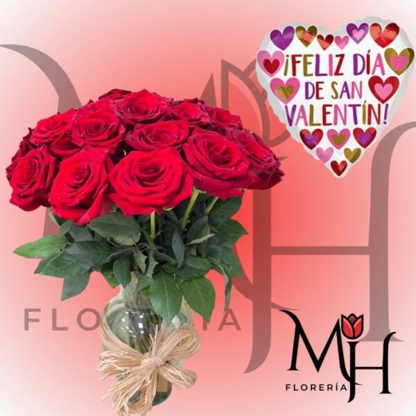 Florero 15 rosas, follaje y globo grande metalizado