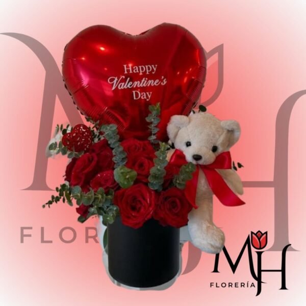 Box de 9 rosas, peluche 20cm y globo metalizado grande