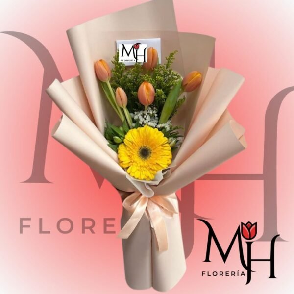 Ramo 5 tulipanes, 1 gerbera y linda envoltura