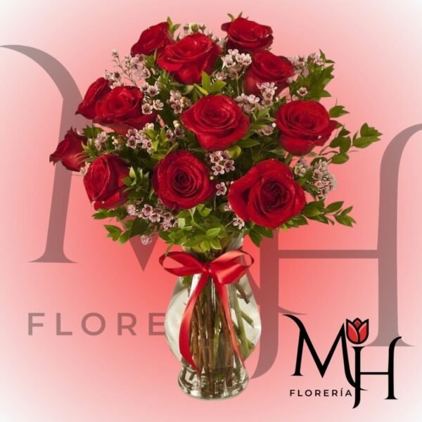 Florero 12 Rosas ecuatorianas y follaje