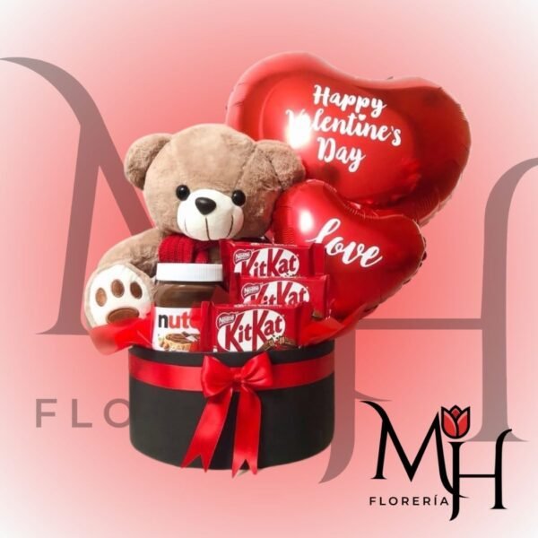 Box chocolatero 1 nutella 3 kit-kat 2 globos y peluche 30cm