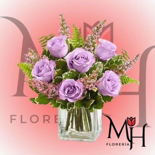 Cubo de 6 rosas ecuatorianas y follaje