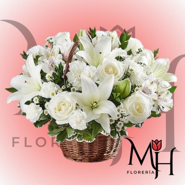 Canasta 10 rosas, 8 lilium, Gypsophila y follaje