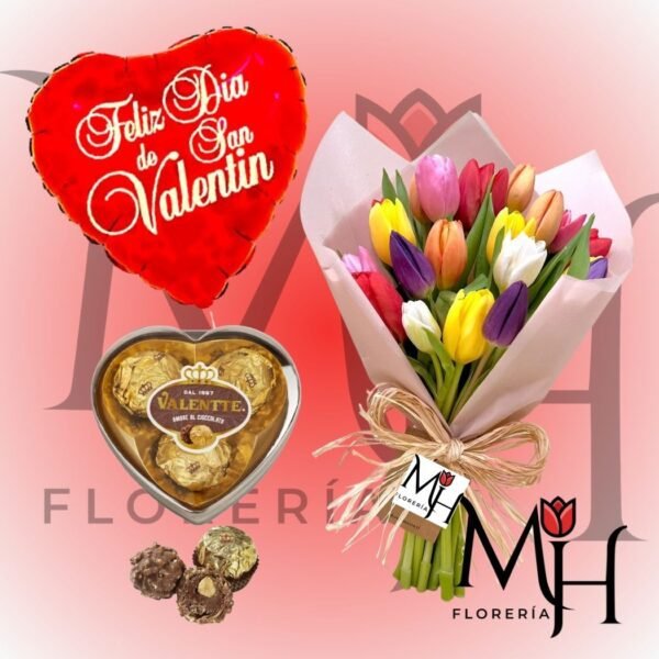 Ramo 18 Tulipanes, globo grande, bombones corazón y linda envoltura