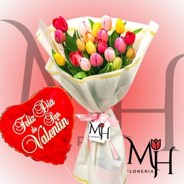 Ramo 25 Tulipanes, globo grande y linda envoltura