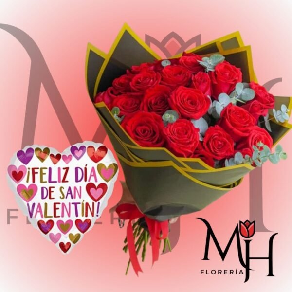 Ramo 20 Rosas ecuatorianas, follaje, globo grande y linda envoltura