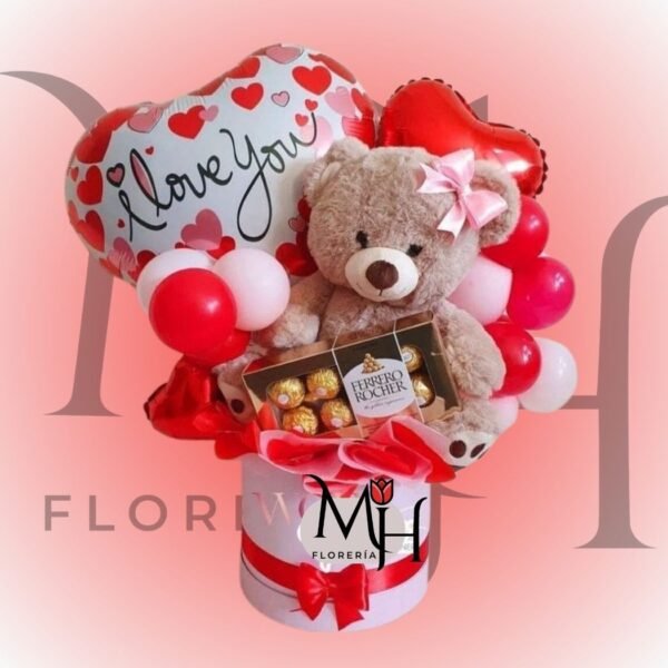 Box con peluche de 250cm, bombones Ferreros Rocher 100grs, globo grande