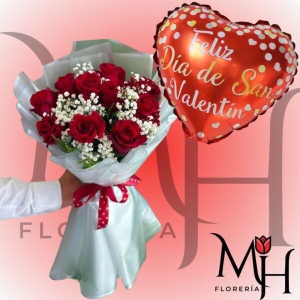 Ramo de 10 Rosas ecuatorianas, Gypsophila, linda envoltura y Globo