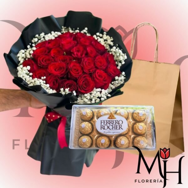 Ramo 25 Rosas importadas, Gypsophila, linda envoltura y Ferrero Rocher 150grs