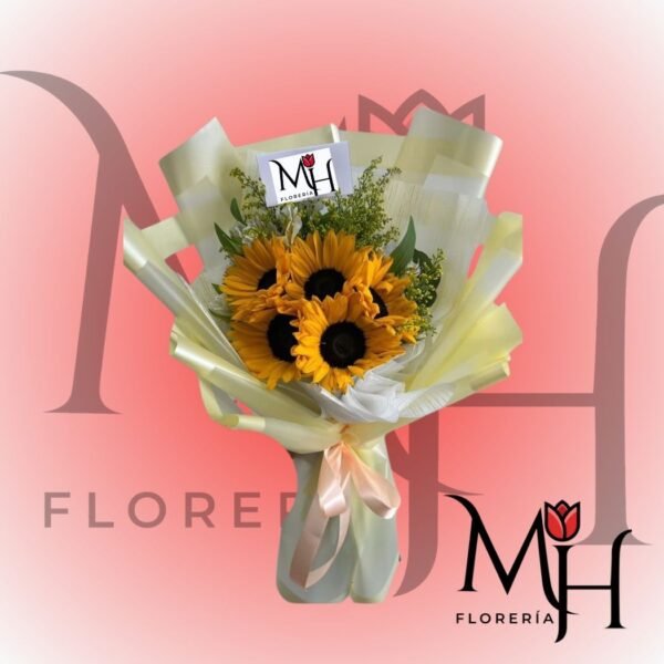 Ramo 5 girasoles, follaje y linda envoltura