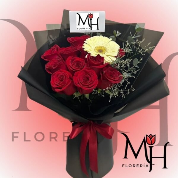 Elegante Ramo de 9 Rosas ecuatorianas, 1 gerbera y envoltura