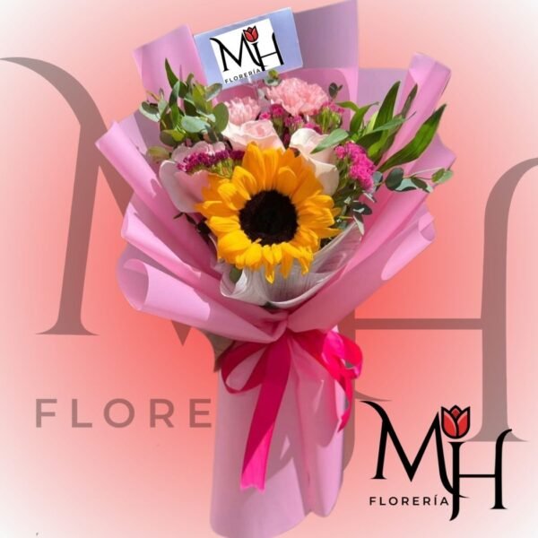 Ramo 1 girasol 3 rosas y flor de temporada