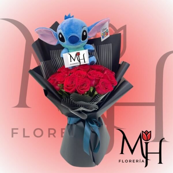 Ramo buchón de 15 rosas importadas, peluche stitch y linda envoltura