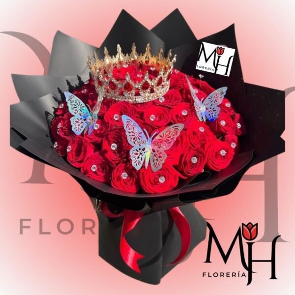 Ramo 70 rosas con mariposas y corona