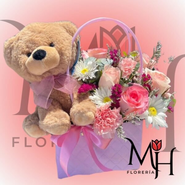 Cartera de 6 rosas ecuatorianas, flores de temporada, follaje y peluche de 25cm