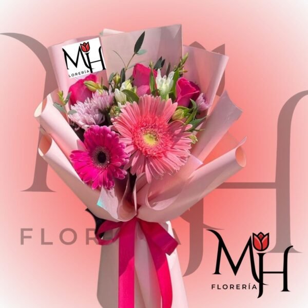 Ramo 2 gerberas 4 rosas y flores de temporada