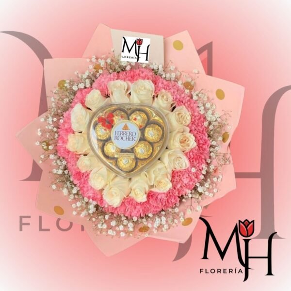Romántico ramo 45 rosas con ferrero rocher 100g