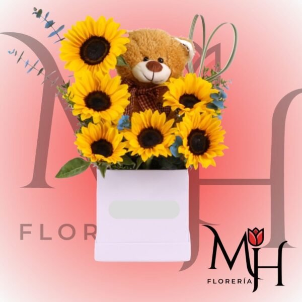 Box 6 girasoles y peluche 20 cm en el medio
