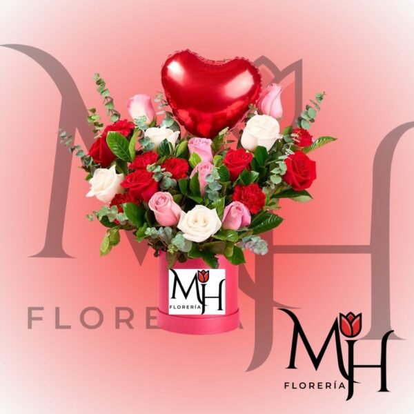 Box 18 Rosas ecuatorianas, follaje y globito metalizado